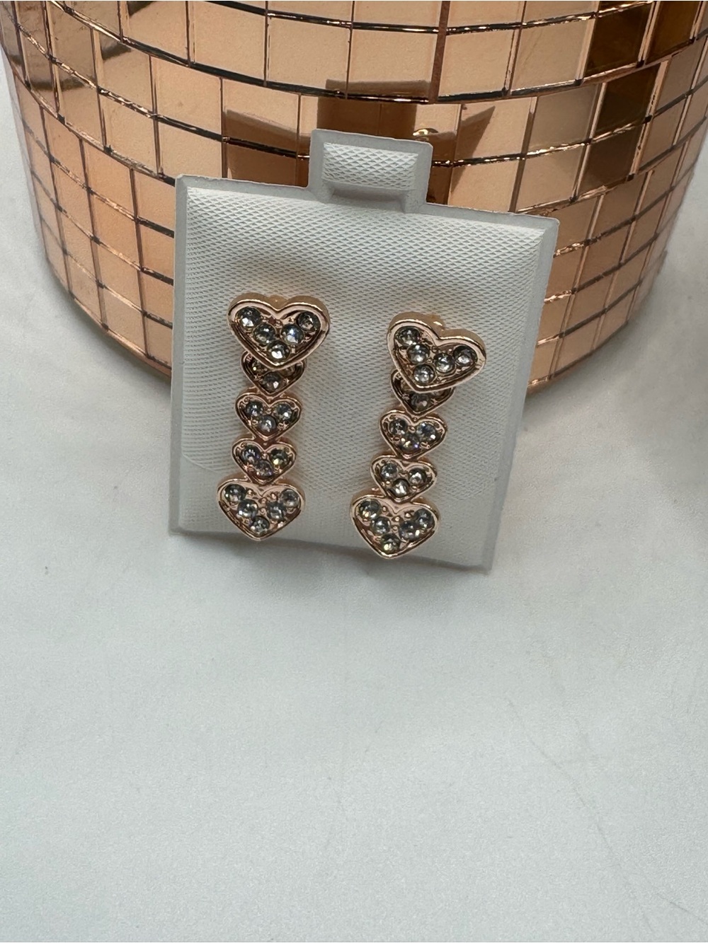 Stainless Steel Fashion Heart‎ Dangle Earrings Rose Gold Tone with Crystals NEW